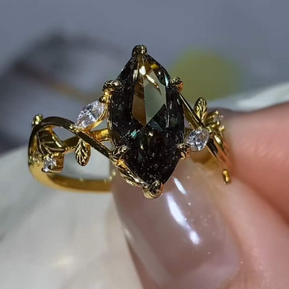 Vintage Marquise Cut Peridot Green Sterling Silver Yellow Gold Engagement Ring