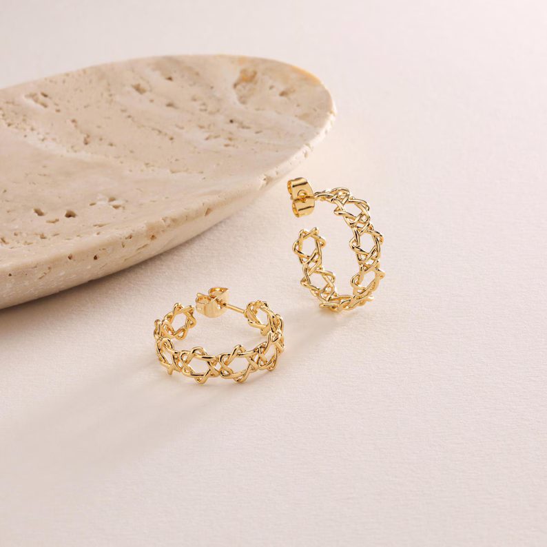 Minimalist Yellow Gold Star of David 925 Sterling Silver Drop Earrings