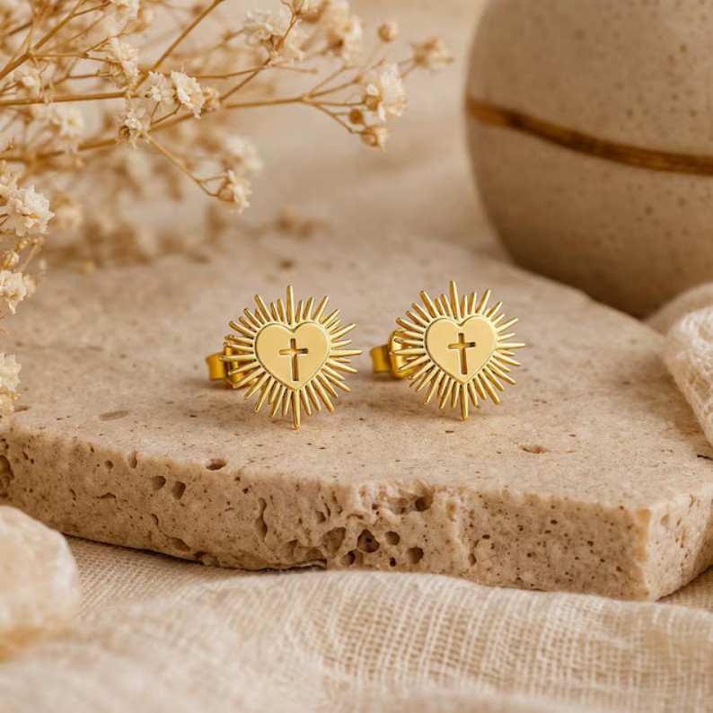 Dainty Religious Sacred Heart Cross 925 Sterling Silver Stud Earrings For Her