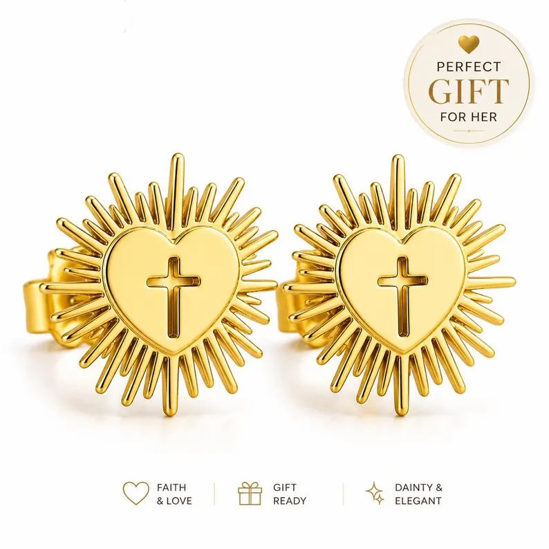 Dainty Religious Sacred Heart Cross 925 Sterling Silver Stud Earrings For Her