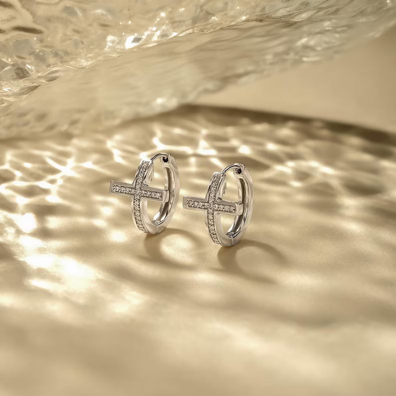 Trendy Christian Cross 925 Sterling Silver Hoop Earrings