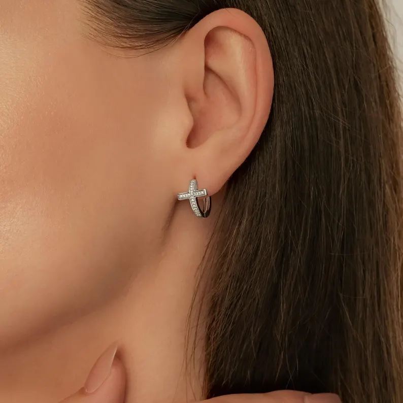 Trendy Christian Cross 925 Sterling Silver Hoop Earrings