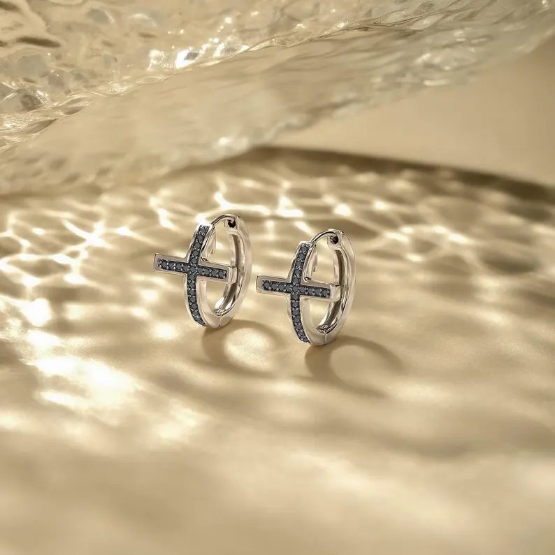 Trendy Christian Cross 925 Sterling Silver Hoop Earrings