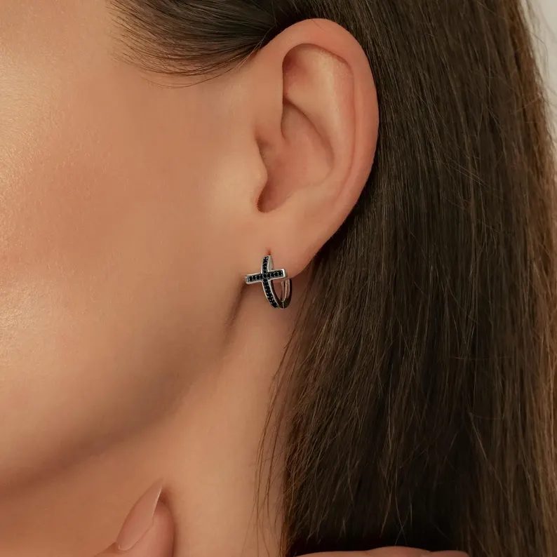 Trendy Christian Cross 925 Sterling Silver Hoop Earrings