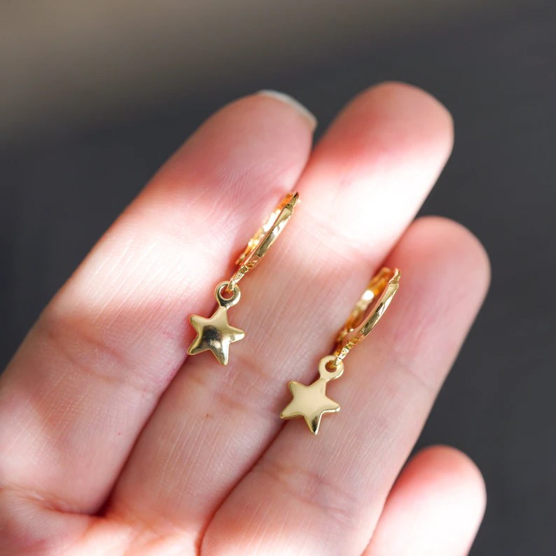 Minimalist Yellow Gold 925 Sterling Silver Dangle Star Earrings For Her