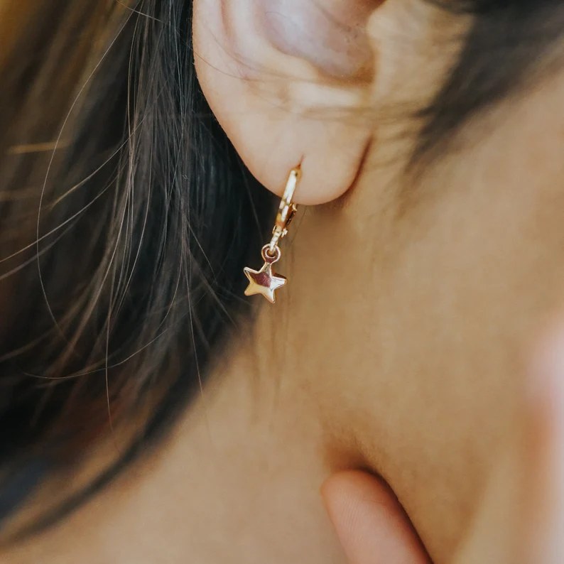 Minimalist Yellow Gold 925 Sterling Silver Dangle Star Earrings For Her