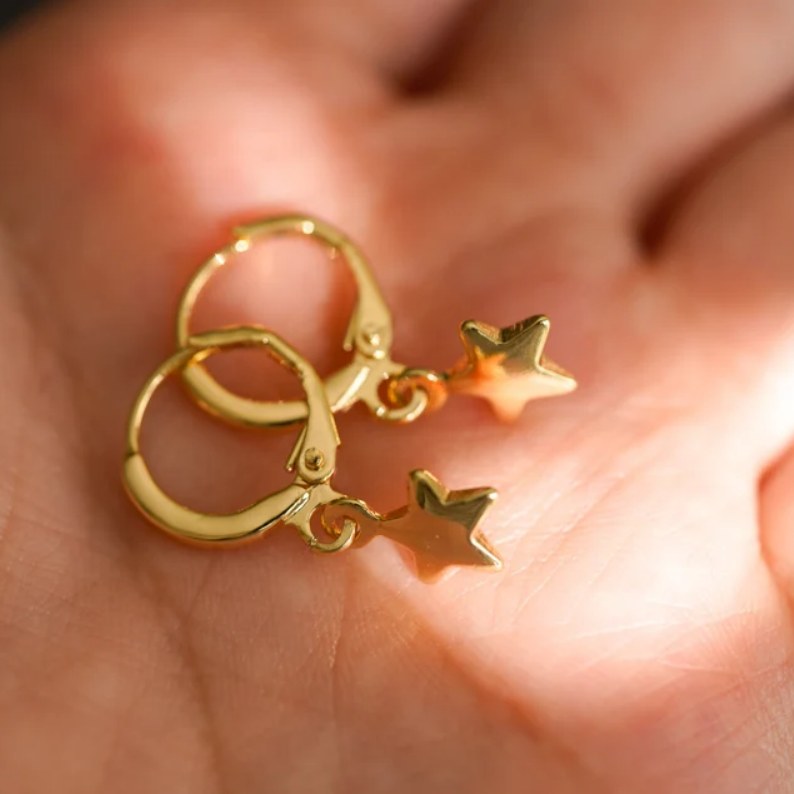 Minimalist Yellow Gold 925 Sterling Silver Dangle Star Earrings For Her