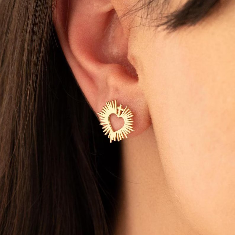 Dainty Sacred Heart Cross 925 Sterling Silver Cross Stud Earrings For Her