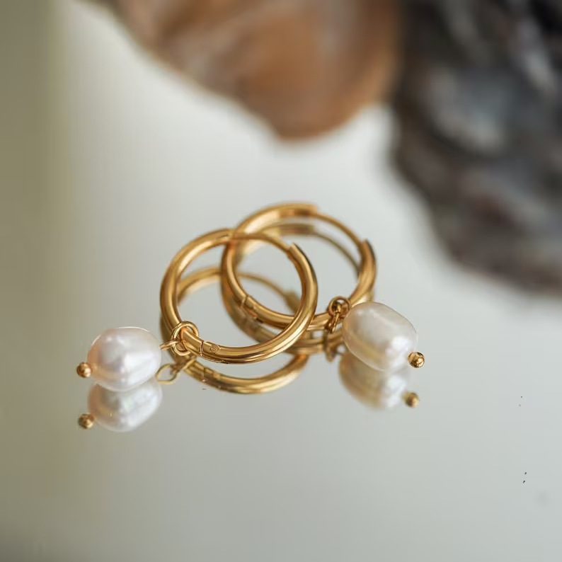 Minimalist Yellow Gold Pearl 925 Sterling Silver Drop Earrings