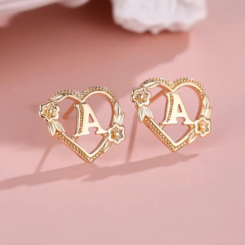 Personalized 925 Sterling Silver Yellow Gold Heart & Flower Decor Letter Stud Earrings
