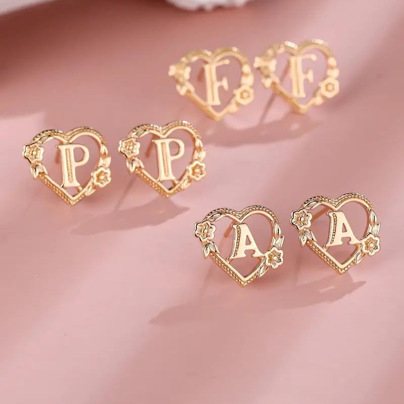 Personalized 925 Sterling Silver Yellow Gold Heart & Flower Decor Letter Stud Earrings