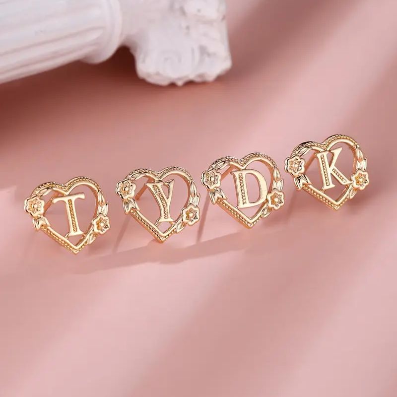 Personalized 925 Sterling Silver Yellow Gold Heart & Flower Decor Letter Stud Earrings