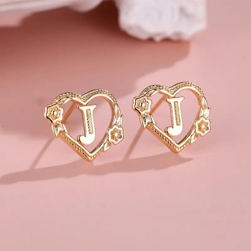 Personalized 925 Sterling Silver Yellow Gold Heart & Flower Decor Letter Stud Earrings