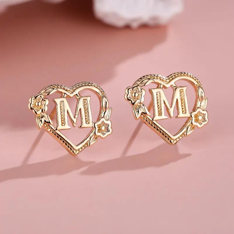 Personalized 925 Sterling Silver Yellow Gold Heart & Flower Decor Letter Stud Earrings