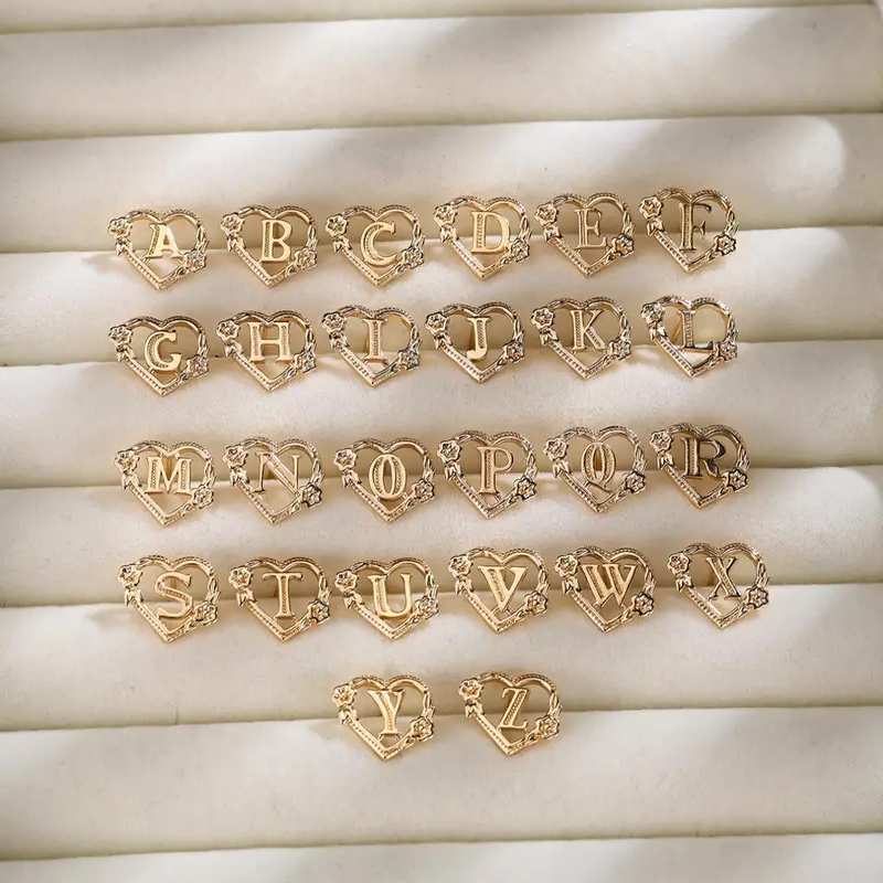 Personalized 925 Sterling Silver Yellow Gold Heart & Flower Decor Letter Stud Earrings