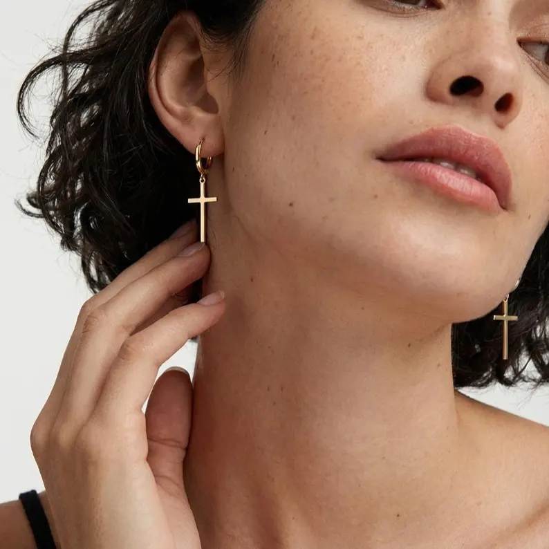 Minimalist 925 Sterling Silver Yellow Gold Cross Drop Hoop Earrings