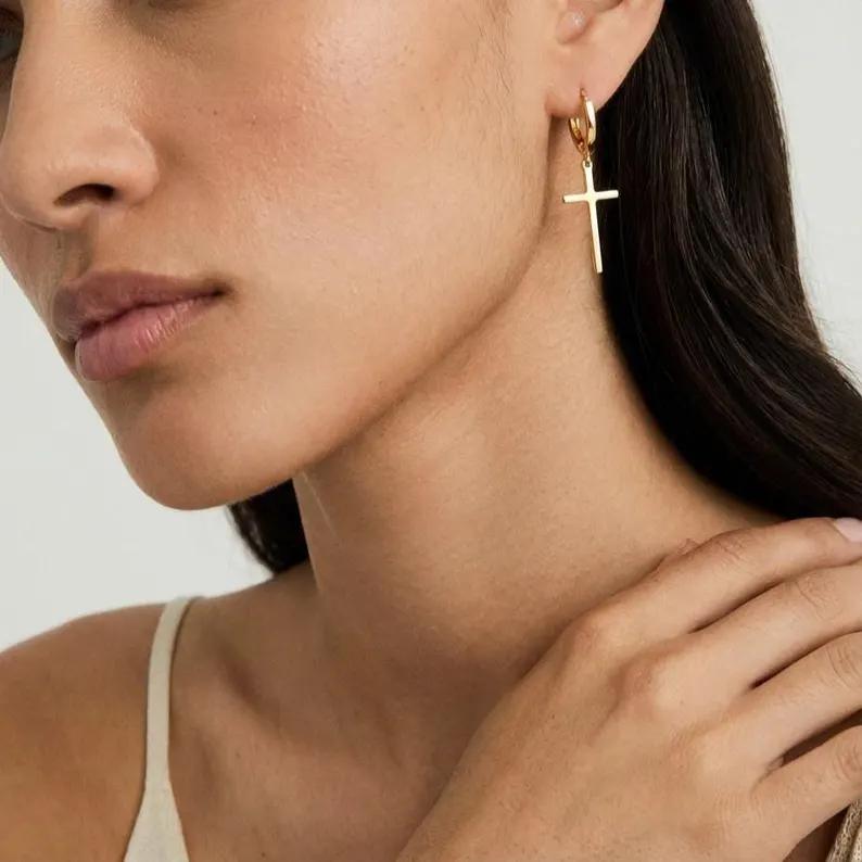 Minimalist 925 Sterling Silver Yellow Gold Cross Drop Hoop Earrings