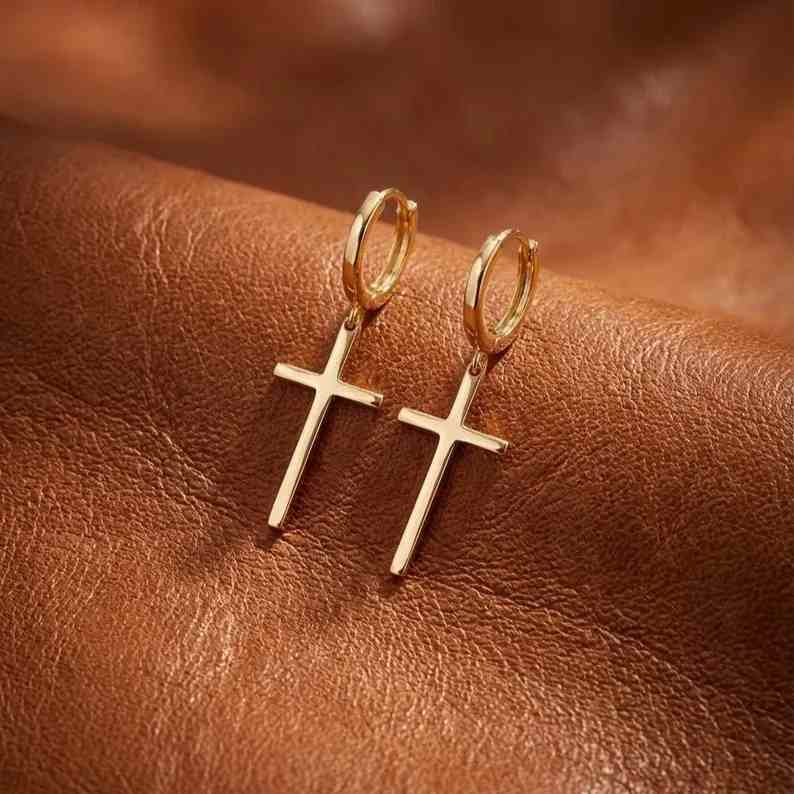 Minimalist 925 Sterling Silver Yellow Gold Cross Drop Hoop Earrings