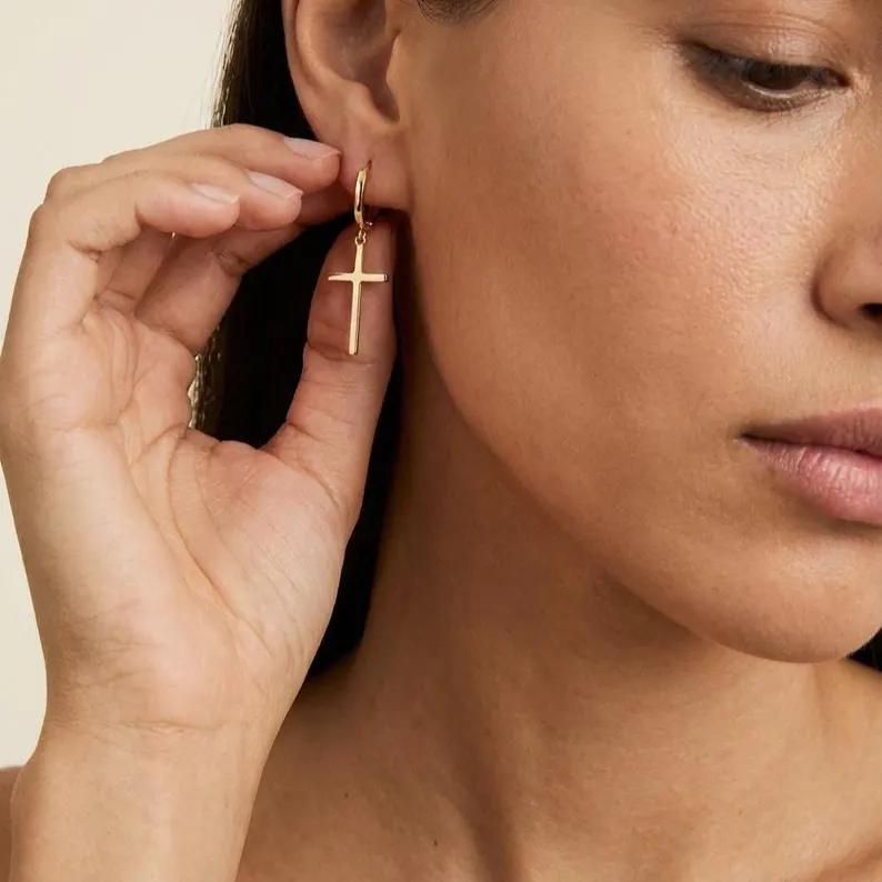 Minimalist 925 Sterling Silver Yellow Gold Cross Drop Hoop Earrings
