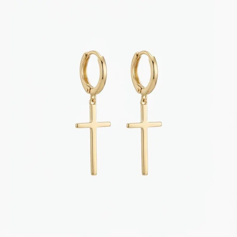 Minimalist 925 Sterling Silver Yellow Gold Cross Drop Hoop Earrings