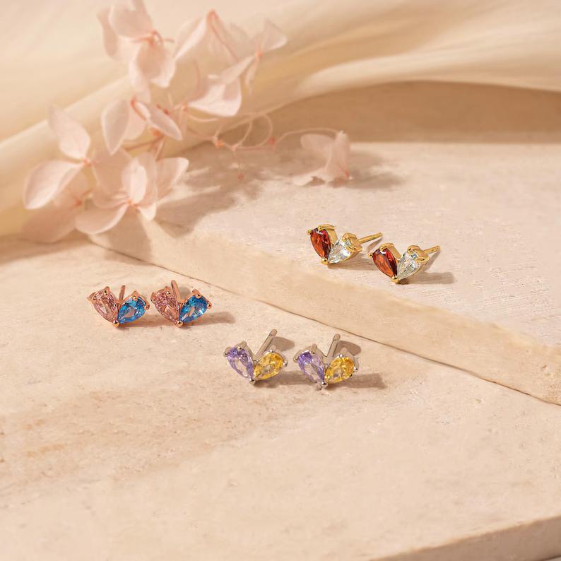 Minimalist 925 Sterling Silver Birthstone Heart Stud Earrings
