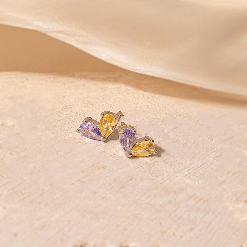 Minimalist 925 Sterling Silver Birthstone Heart Stud Earrings