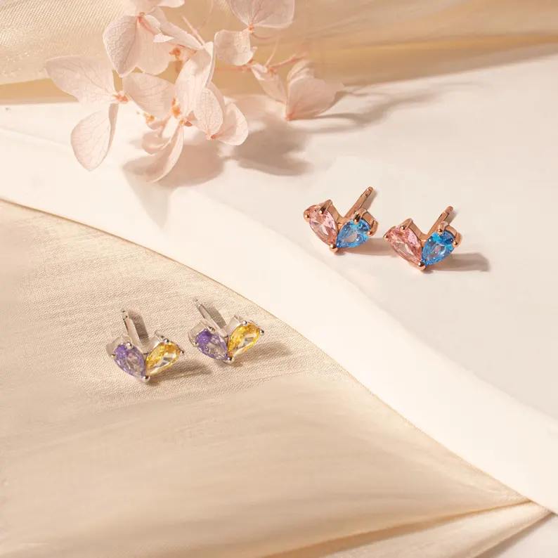 Minimalist 925 Sterling Silver Birthstone Heart Stud Earrings