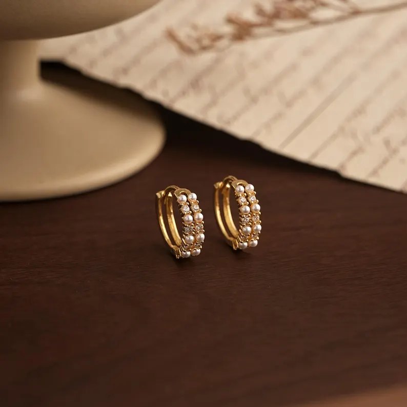 Minimalist Diamond White 925 Sterling Silver Yellow Gold Pearl Hoop Earrings