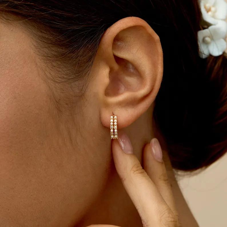 Minimalist Diamond White 925 Sterling Silver Yellow Gold Pearl Hoop Earrings