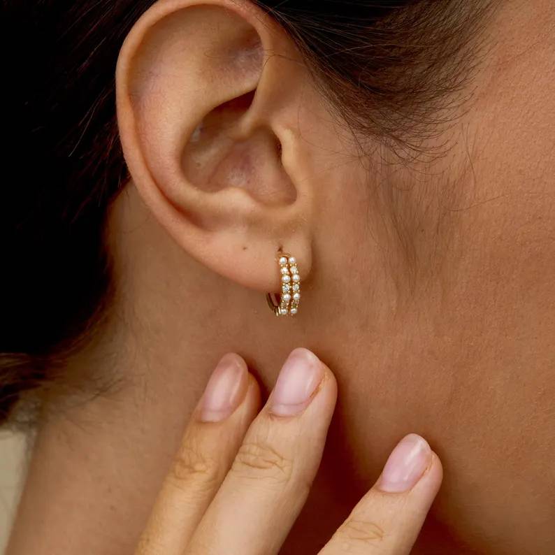 Minimalist Diamond White 925 Sterling Silver Yellow Gold Pearl Hoop Earrings