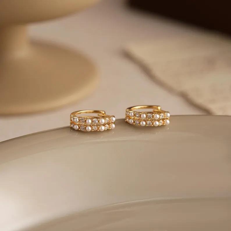 Minimalist Diamond White 925 Sterling Silver Yellow Gold Pearl Hoop Earrings