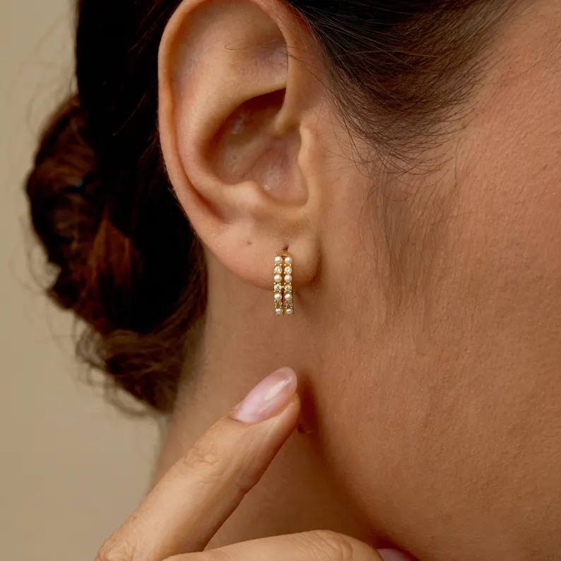 Minimalist Diamond White 925 Sterling Silver Yellow Gold Pearl Hoop Earrings