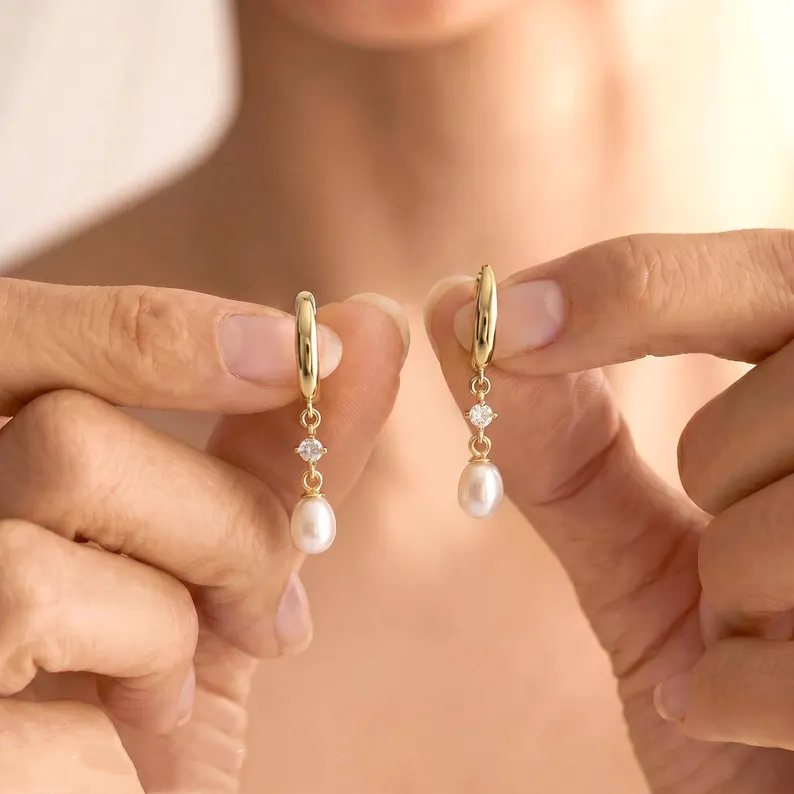 Minimalist Freshwater Pearl 925 Sterling Silver Drop Earrings