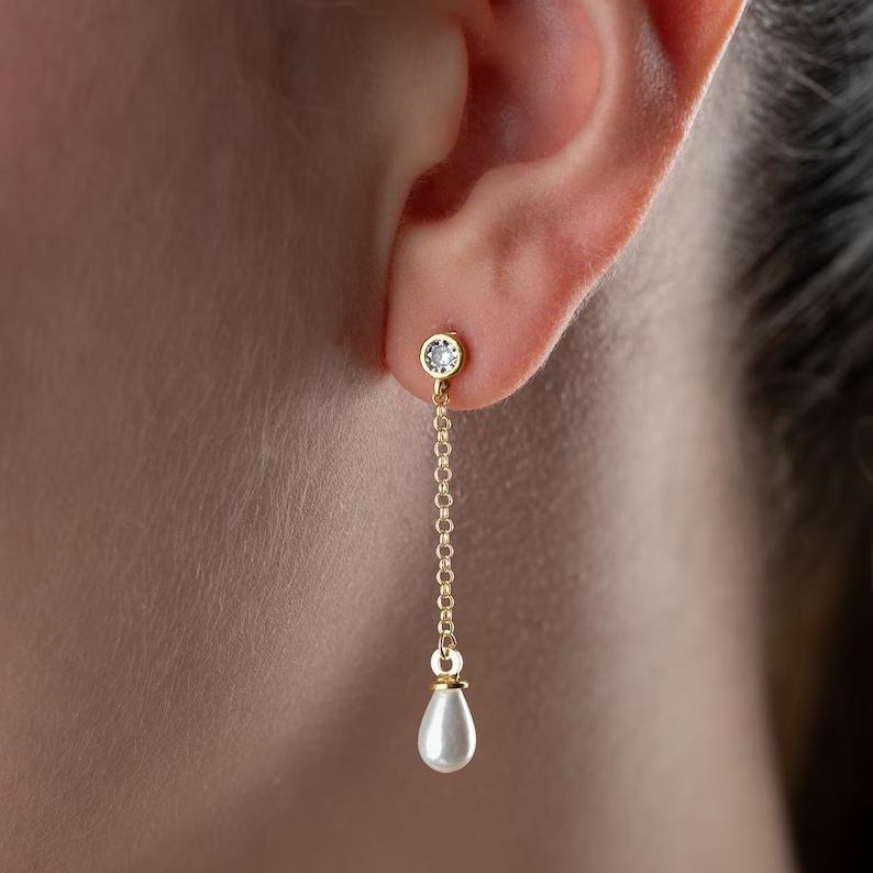 Elegant Freshwater Pearl 925 Sterling Silver Pearl Drop Chain Earrings