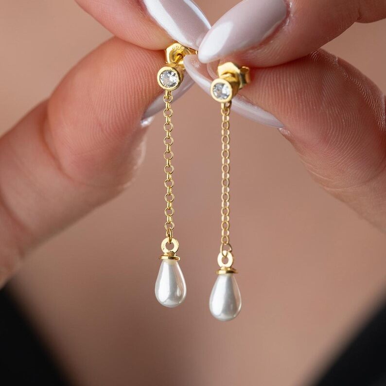 Elegant Freshwater Pearl 925 Sterling Silver Pearl Drop Chain Earrings