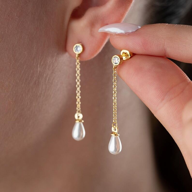 Elegant Freshwater Pearl 925 Sterling Silver Pearl Drop Chain Earrings