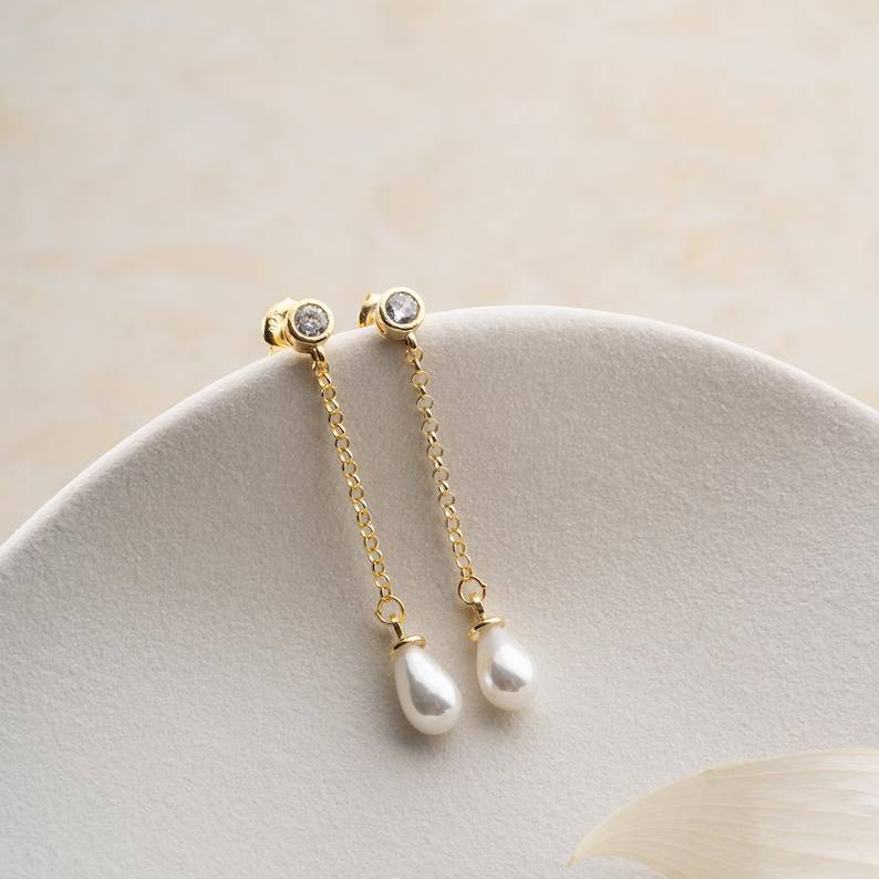 Elegant Freshwater Pearl 925 Sterling Silver Pearl Drop Chain Earrings