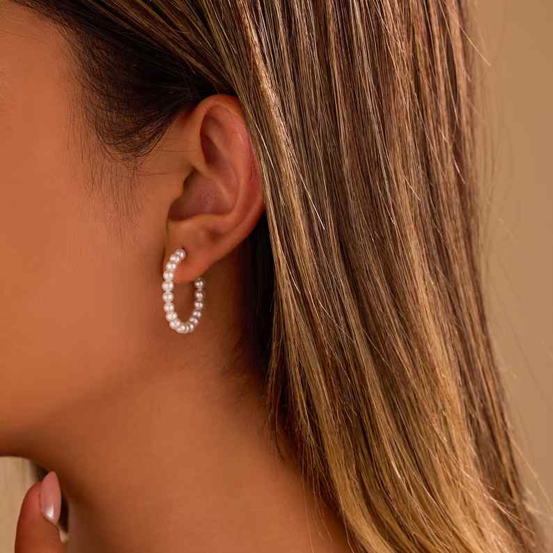 Minimalist Freshwater Pearl 925 Sterling Silver Hoop Earrings