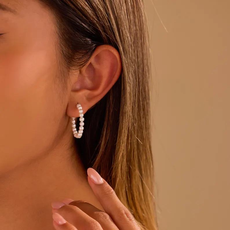 Minimalist Freshwater Pearl 925 Sterling Silver Hoop Earrings