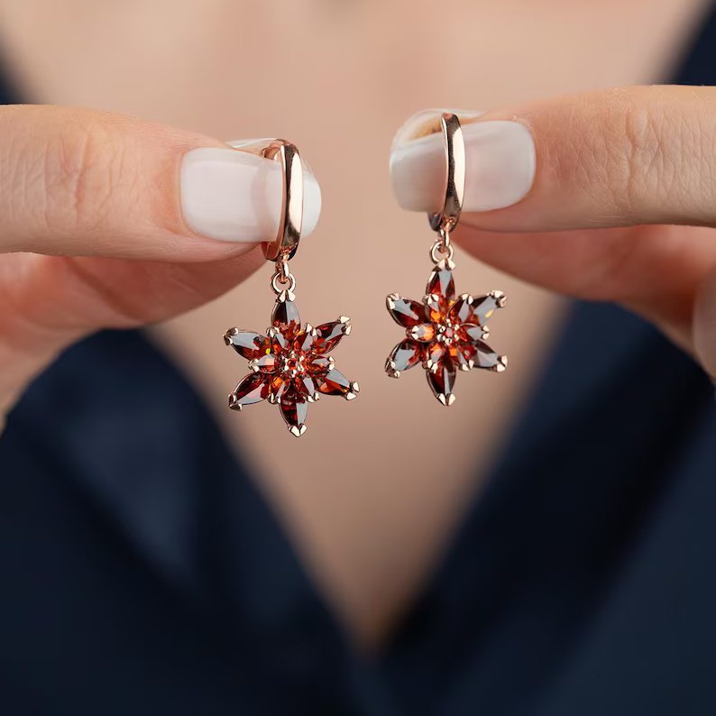 Elegant Rose Gold 925 Sterling Silver Garnet Red Lotus Floral Drop Earrings