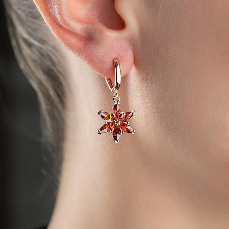 Elegant Rose Gold 925 Sterling Silver Garnet Red Lotus Floral Drop Earrings