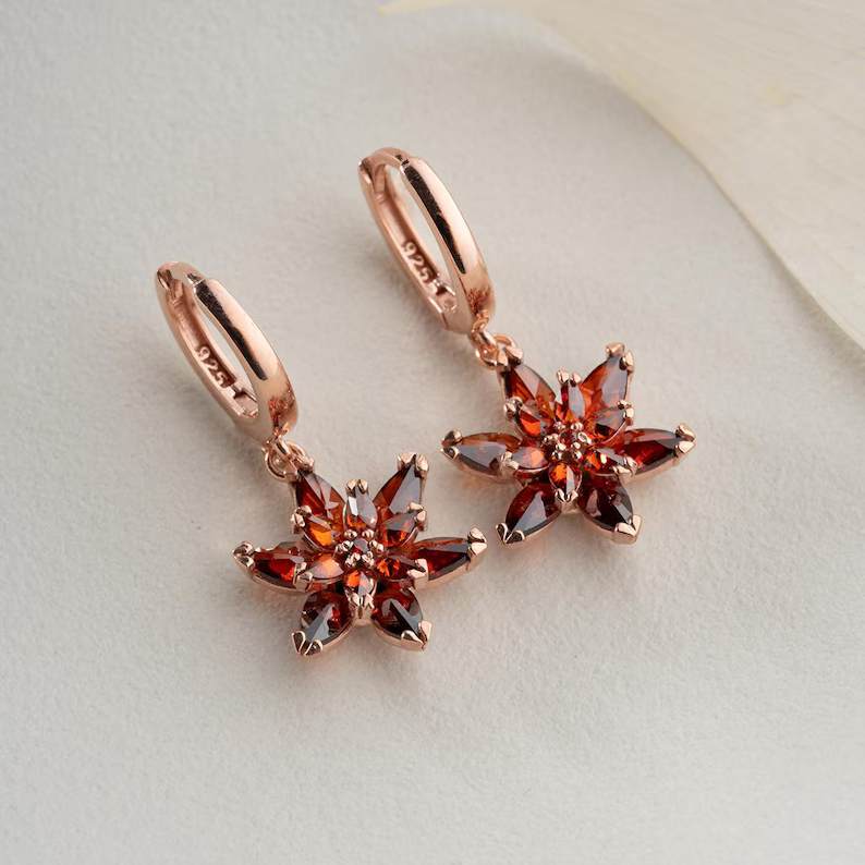 Elegant Rose Gold 925 Sterling Silver Garnet Red Lotus Floral Drop Earrings