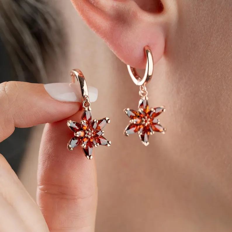 Elegant Rose Gold 925 Sterling Silver Garnet Red Lotus Floral Drop Earrings