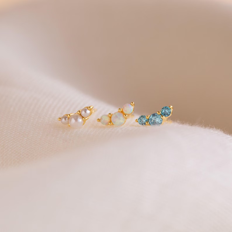 Minimalist Yellow Gold 925 Sterling Silver Birthstone Trio Studs Earrings