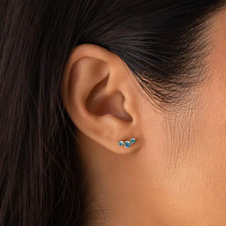 Minimalist Yellow Gold 925 Sterling Silver Birthstone Trio Studs Earrings