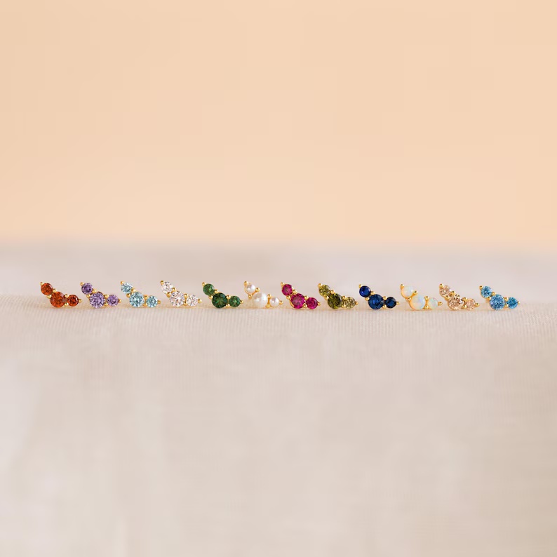 Minimalist Yellow Gold 925 Sterling Silver Birthstone Trio Studs Earrings