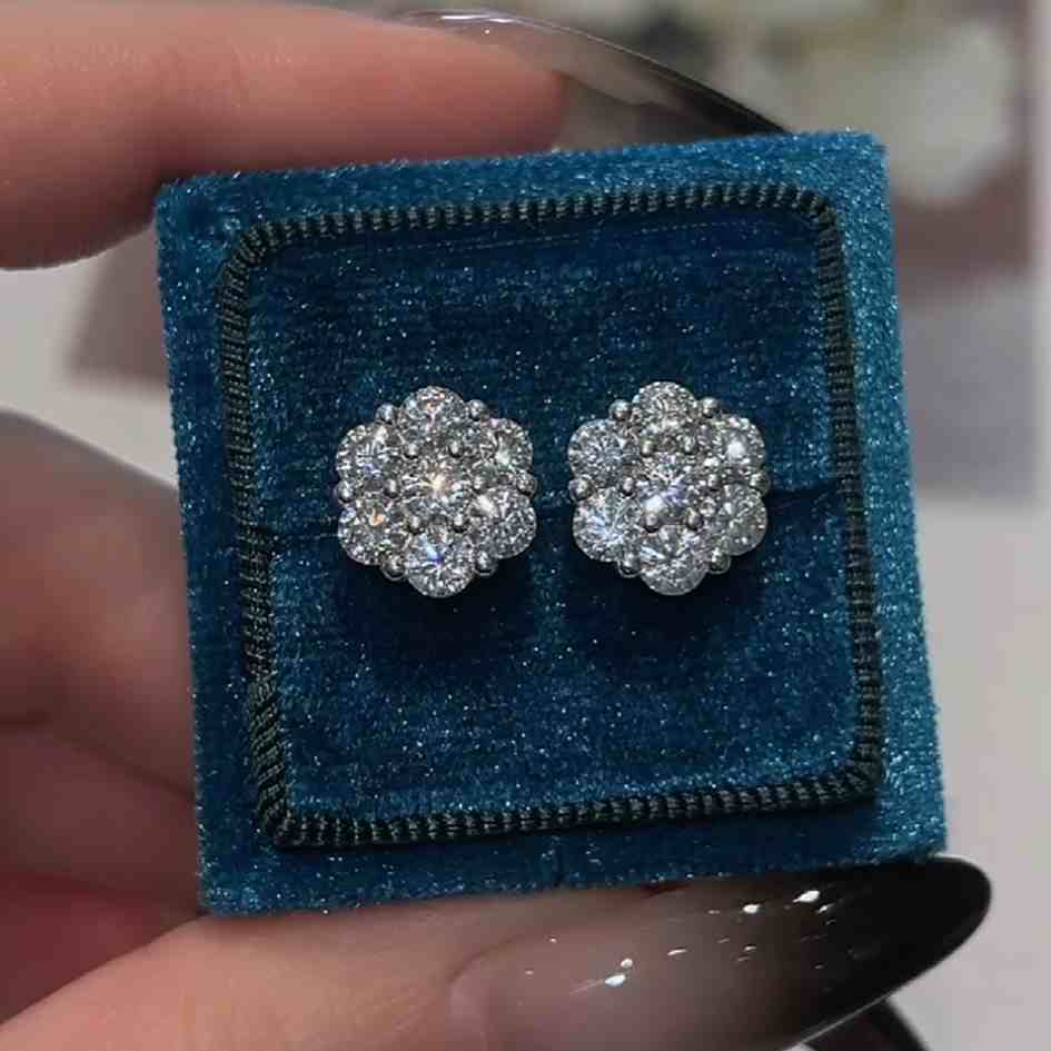 Elegant Round Cut Diamond White 925 Sterling Silver Flower Stud Earrings