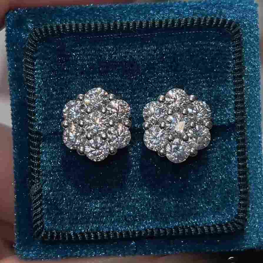 Elegant Round Cut Diamond White 925 Sterling Silver Flower Stud Earrings