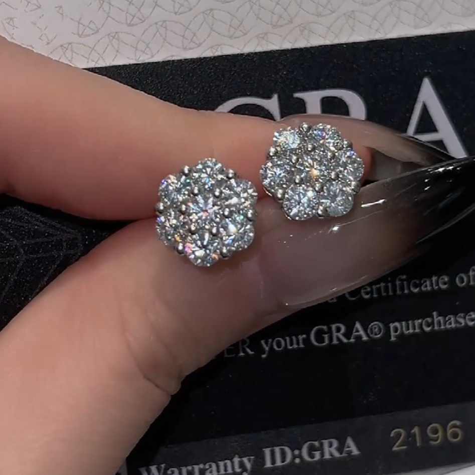 Elegant Round Cut Diamond White 925 Sterling Silver Flower Stud Earrings