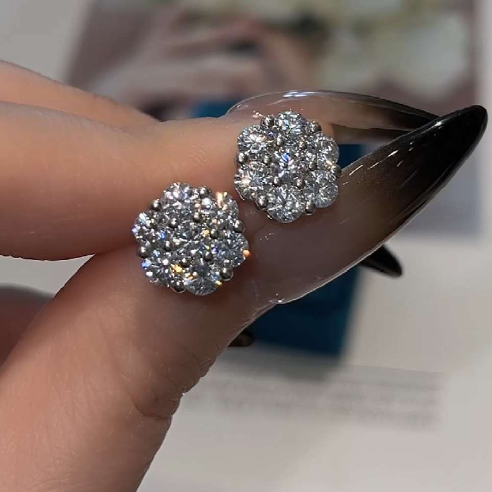 Elegant Round Cut Diamond White 925 Sterling Silver Flower Stud Earrings